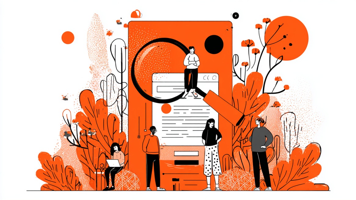 Ilustracija ljudi oko velikog ekrana sa lupom, simbolom analize i nadzora