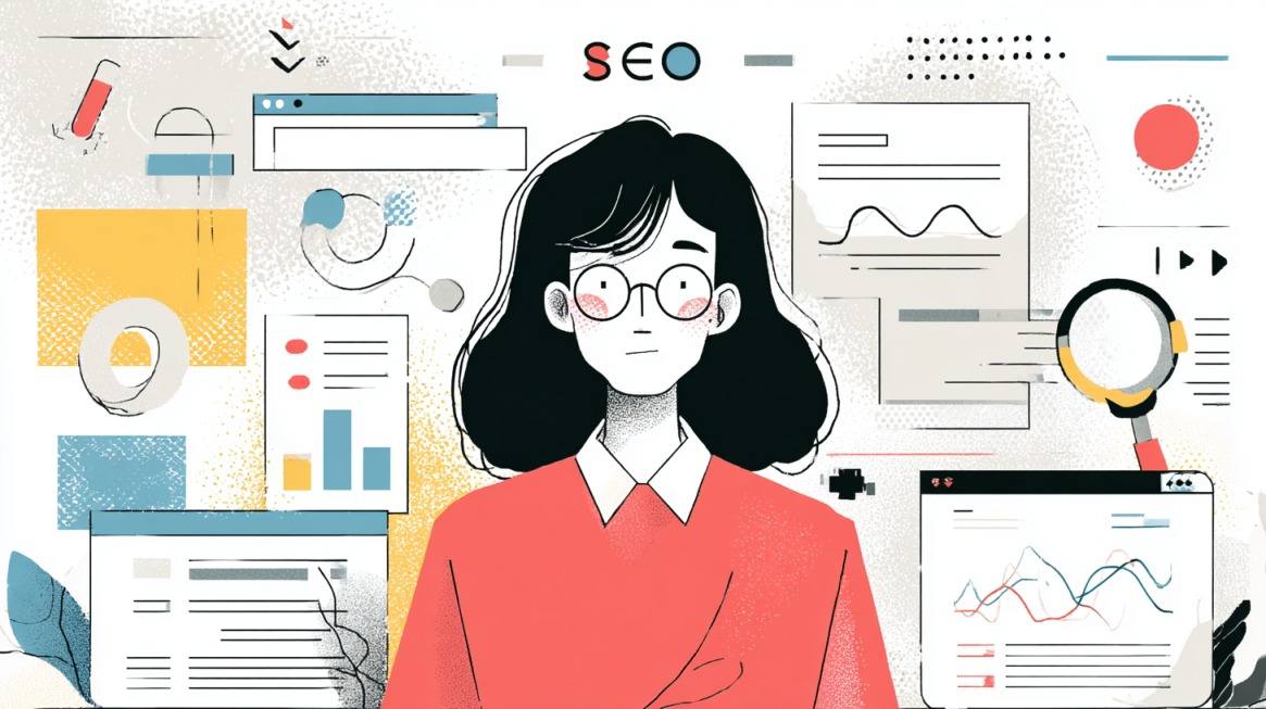 Ilustracija žene okružene grafikonima, pretraživačima i SEO alatima