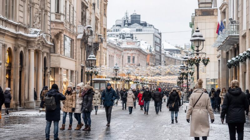 Turisti i prolaznici šetaju Knez Mihailovom ulicom u Beogradu tokom zimskog dana sa snegom i prazničnom atmosferom.