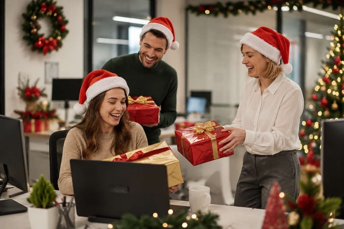 kolege u firmi razmenjuju poklone za secret santu 
