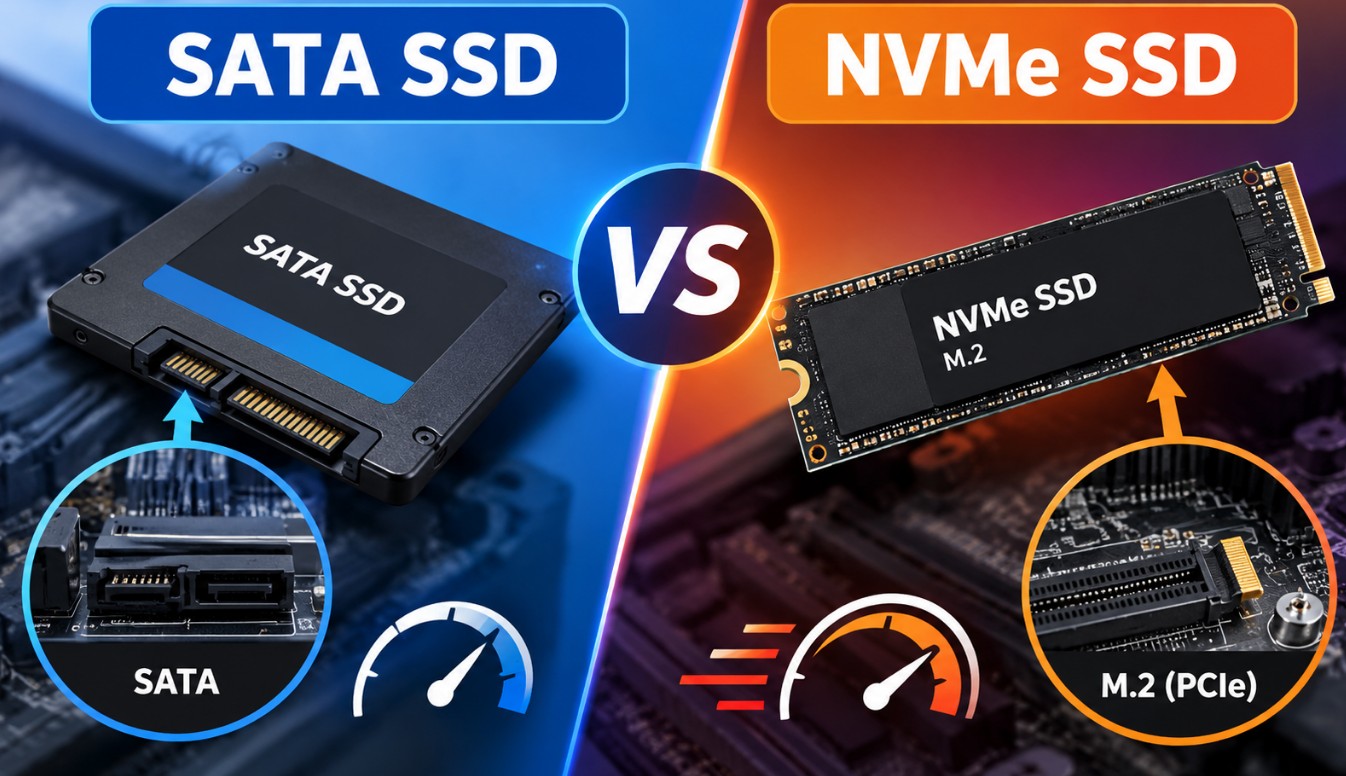 Infografik koji upoređuje SATA SSD i NVMe SSD, sa prikazom 2,5-inčnog SATA diska, M.2 NVMe modula, odgovarajućih priključaka i oznakom „VS” u sredini