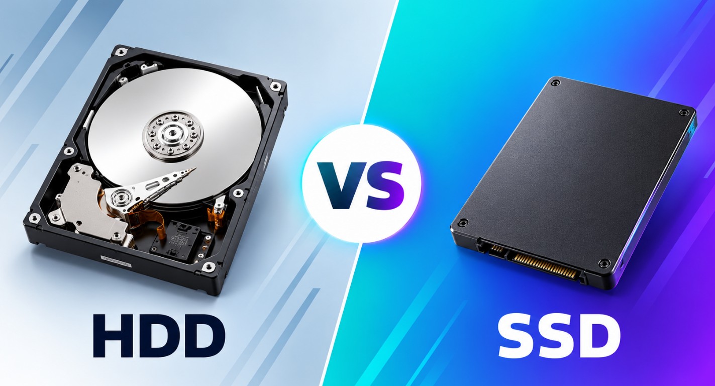 Podeljena ilustracija poređenja HDD i SSD diska: otvoreni hard disk je sa leve strane, SSD sa desne, a u sredini je oznaka „VS” na modernoj plavo-ljubičastoj pozadini