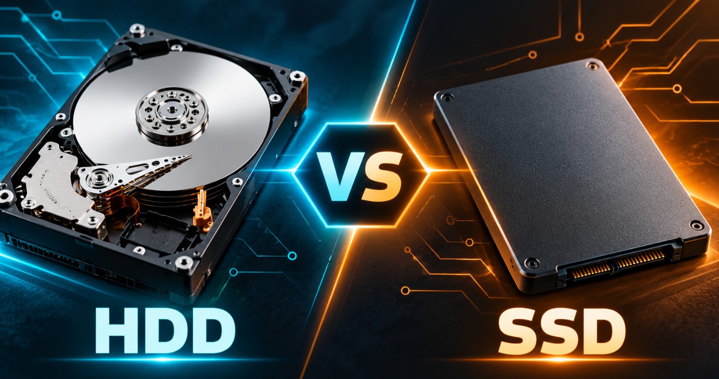 Uporedni prikaz otvorenog HDD diska i SSD diska na tamnoj tehnološkoj pozadini, sa oznakom „VS” u sredini