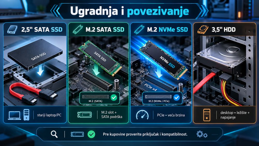 Infografik koji prikazuje načine ugradnje i povezivanja 2,5-inčnog SATA SSD-a, M.2 SATA SSD-a, M.2 NVMe SSD-a i 3,5-inčnog HDD-a sa računarom